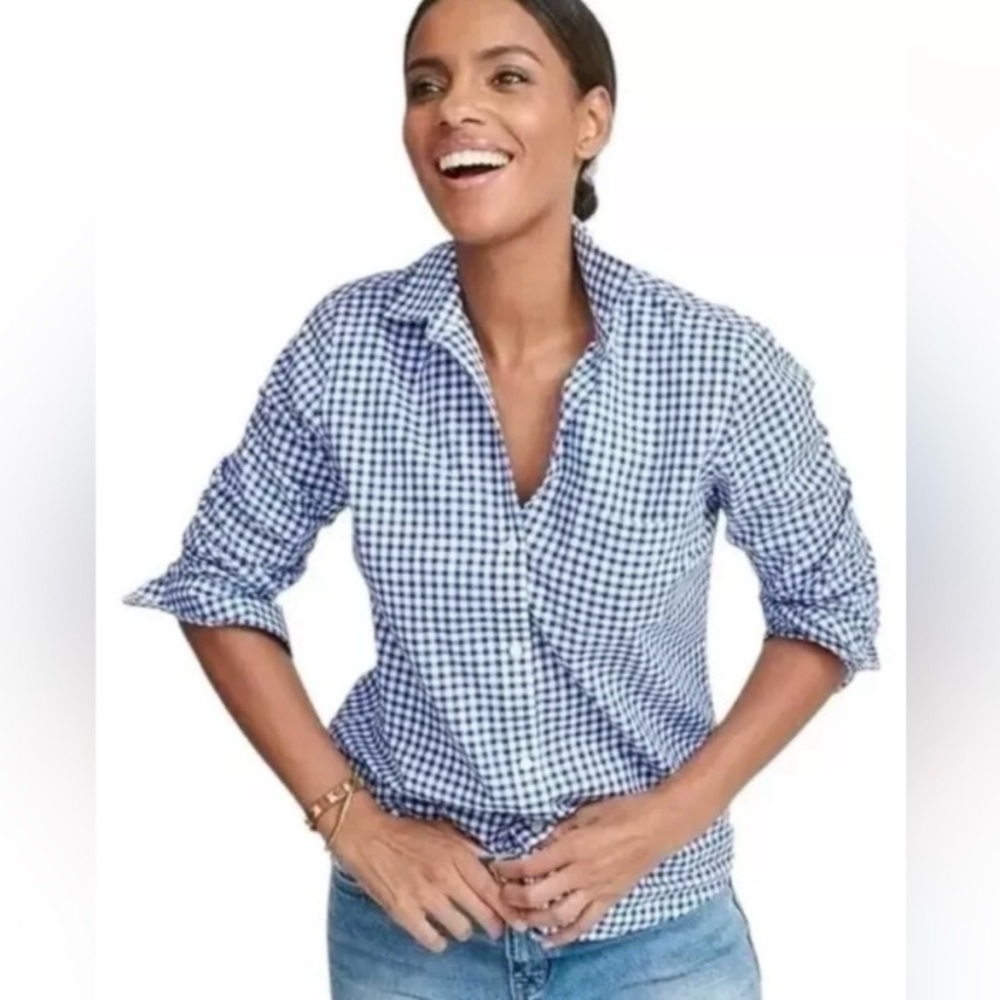 UNTUCKit Women's Navy Belleza Button-Up Shirt Size 12 Blue & White Gingham NWT